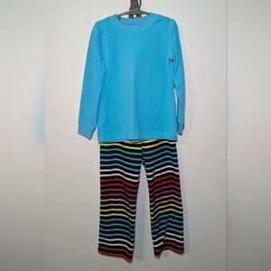 Primary Vibrant Fleece Set - Blue Crewneck Top, Colorful Striped Pants Size 6-7